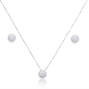 Conjunto de brinco e colar de perola com zirconia cristal banho em rodio branco
