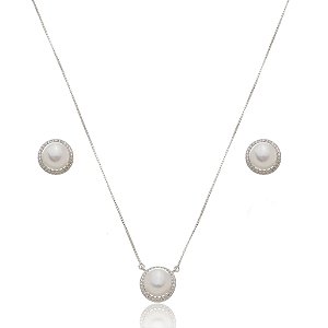 Conjunto de brinco e colar de perola com zirconia cristal banho em rodio branco