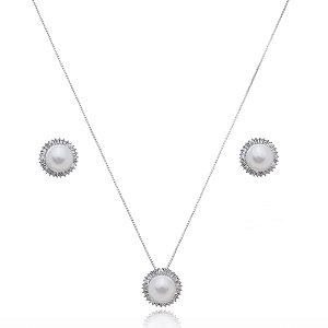Conjunto de brinco e colar de perola com zirconia cristal banho em rodio branco