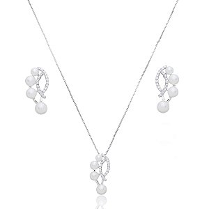 Conjunto de brinco e colar de perola com zirconia cristal banho em rodio branco