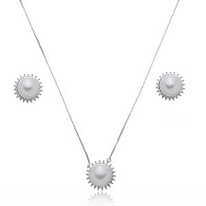 Conjunto de brinco e colar de perola com zirconia cristal banho em rodio branco