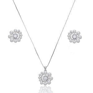 Conjunto de brinco e colar de perola com zirconia cristal banho em rodio branco