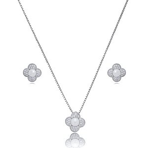 Conjunto de brinco e colar de perola com zirconia cristal banho em rodio branco