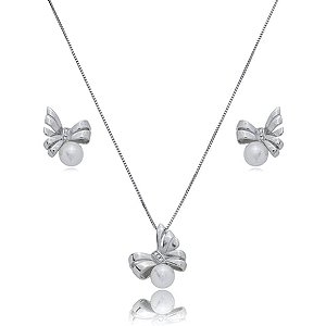 Conjunto de brinco e colar de perola com zirconia cristal banho em rodio branco