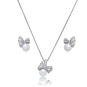 Conjunto de brinco e colar de perola com zirconia cristal banho em rodio branco