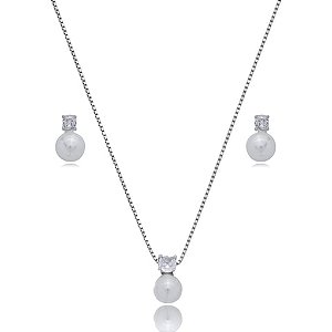 Conjunto de brinco e colar de perola com zirconia cristal banho em rodio branco