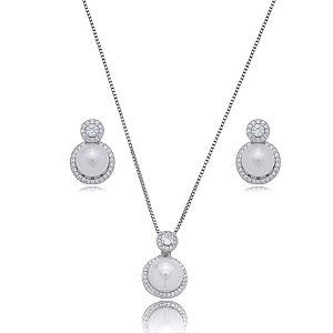 Conjunto de brinco e colar de perola com zirconia cristal banho em rodio branco