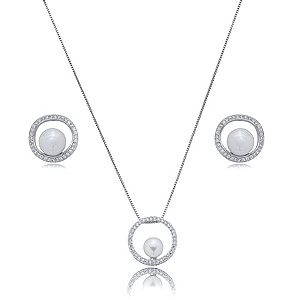 Conjunto de brinco e colar de perola com zirconia cristal banho em rodio branco