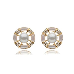 Brinco de base com perola e zirconia cristal banho em ouro 18k