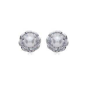 Brinco de base de perola com zirconia cristal banho em rodio branco