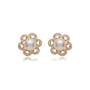 Brinco de base de perola cravejado de zirconia cristal banho em ouro 18k