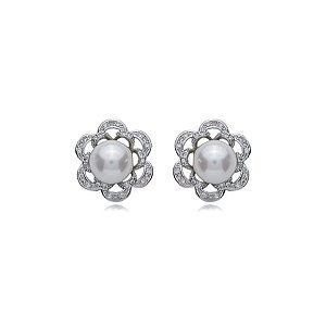 Brinco de base de perola cravejado de zirconia cristal banho em rodio branco