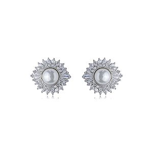 Brinco de base de perola cravejado de zirconia cristal banho em rodio branco