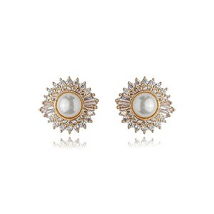 Brinco de base de perola cravejado de zirconia cristal banho em ouro 18k