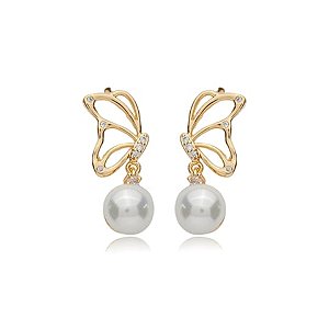 Brinco borboleta de perola cravejado de zirconia cristal banho em ouro 18k