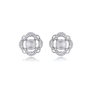 Brinco de base de perola cravejado de zirconia cristal banho em rodio branco