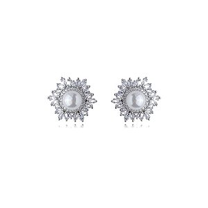 Brinco de base de perola cravejado de zirconia cristal banho em rodio branco