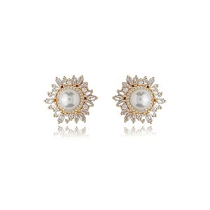 Brinco de base de perola cravejado de zirconia cristal banho em ouro 18k