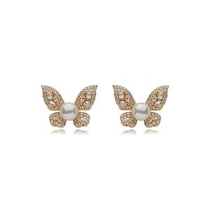 Brinco de base de perola cravejado de zirconia cristal banho em ouro 18k
