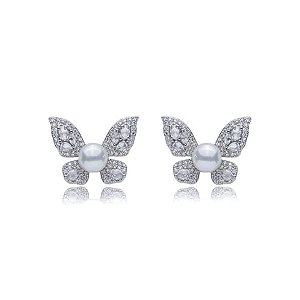 Brinco de base de perola cravejado de zirconia cristal banho em rodio branco