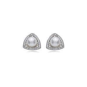 Brinco de base de perola cravejado de zirconia cristal banho em rodio branco