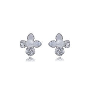 Brinco de base de perola cravejado de zirconia cristal banho em rodio branco