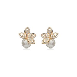 Brinco de base de perola cravejado de zirconia cristal banho em ouro 18k