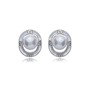 Brinco de base de perola cravejado de zirconia cristal banho em rodio branco