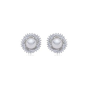 Brinco de base de perola cravejado de zirconia cristal banho em rodio branco