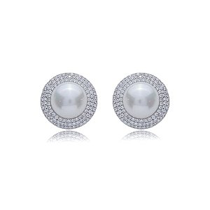 Brinco de base de perola cravejado de zirconia cristal banho em rodio branco