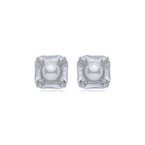 Brinco de base de perola cravejado de zirconia cristal banho em rodio branco