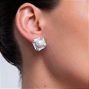 Brinco de base de perola cravejado de zirconia cristal banho em rodio branco