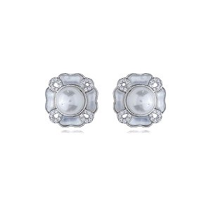 Brinco de base de perola cravejado de zirconia cristal banho em rodio branco