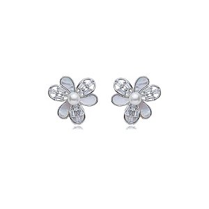 Brinco de base de perola cravejado de zirconia cristal banho em rodio branco