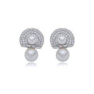 Brinco de base de perola cravejado de zirconia cristal banho em rodio branco