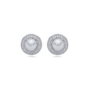 Brinco de base de perola cravejado de zirconia cristal banho em rodio branco
