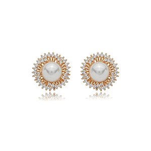 Brinco de base de perola cravejado de zirconia cristal banho em ouro 18k