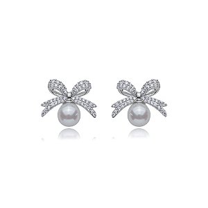 Brinco de base de perola cravejado de zirconia cristal banho em rodio branco