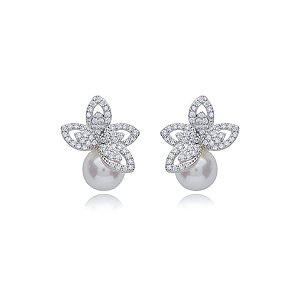Brinco de base de perola cravejado de zirconia cristal banho em rodio branco