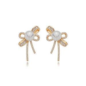 Brinco de base de perola cravejado de zirconia cristal banho em ouro 18k