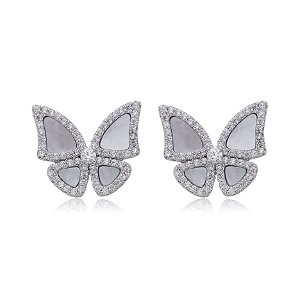 Brinco de base de perola cravejado de zirconia cristal banho em rodio branco