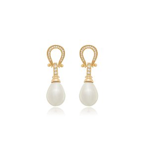 Brinco de perola cravejado de zirconia cristal banho em ouro 18k
