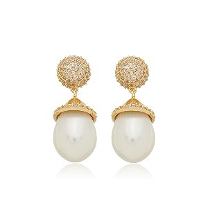 Brinco de perola cravejado de zirconia cristal banho em ouro 18k