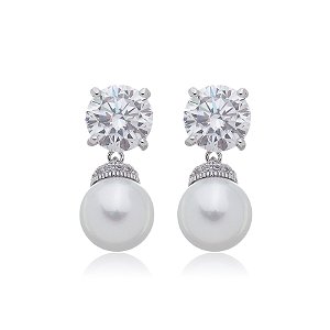 Brinco de perola cravejado de zirconia cristal banho em rodio branco