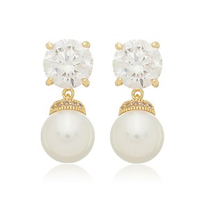 Brinco de perola cravejado de zirconia cristal banho em ouro 18k