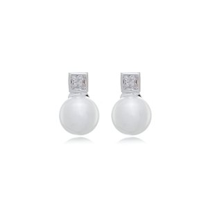 Brinco de perola cravejado de zirconia cristal banho em rodio branco