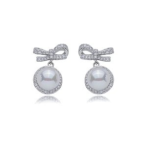 Brinco de perola cravejado de zirconia cristal banho em rodio branco