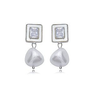 Brinco de perola cravejado de zirconia cristal banho em rodio branco