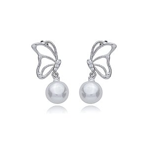 Brinco de perola cravejado de zirconia cristal banho em rodio branco