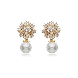 Brinco de perola cravejado de zirconia cristal banho em ouro 18k
